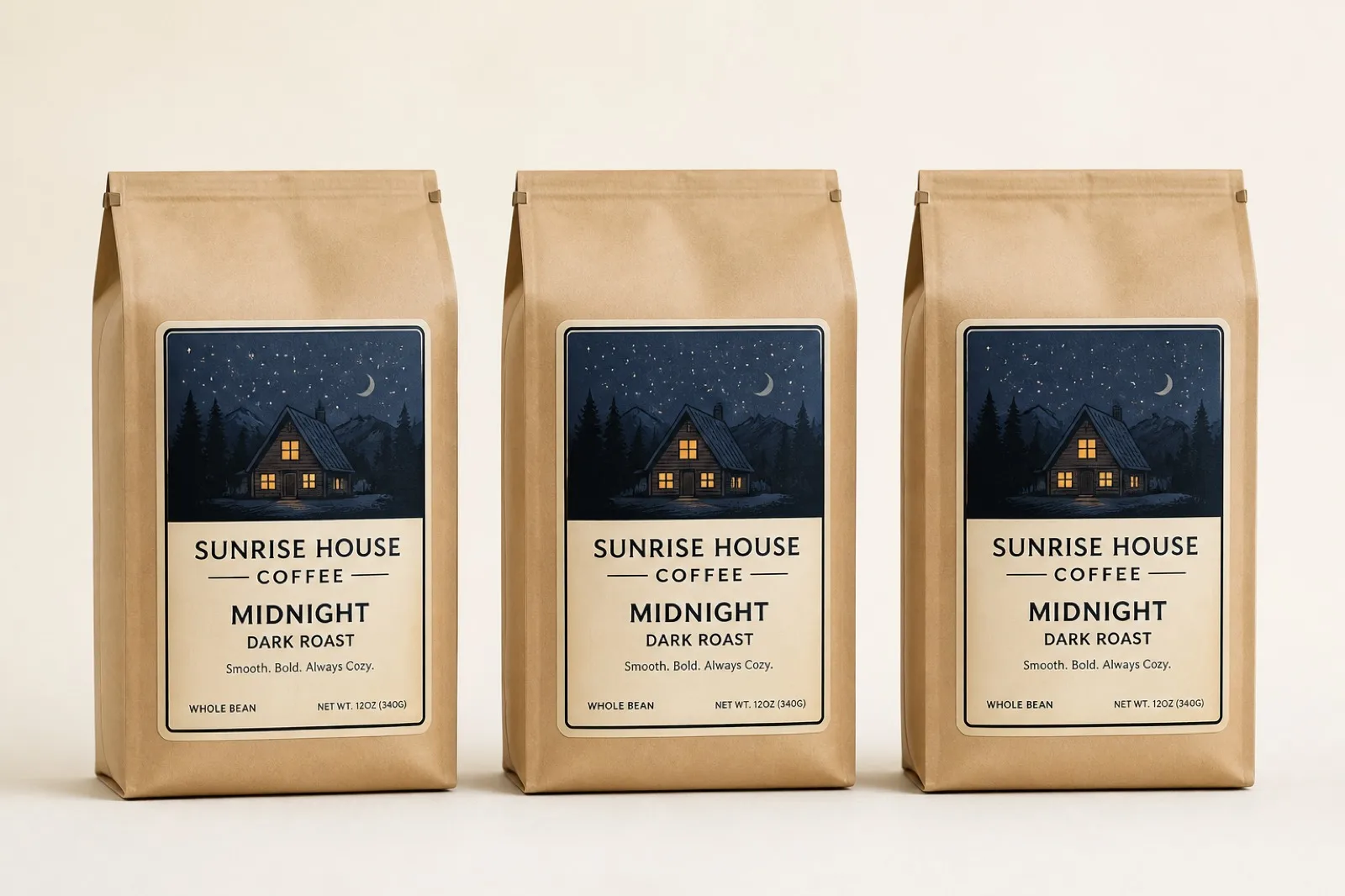 Sunrise, House, and Midnight roast bags